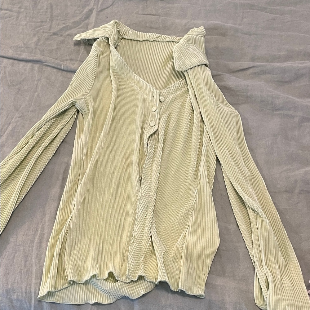 Light Green Ribbed Button-Up Top
